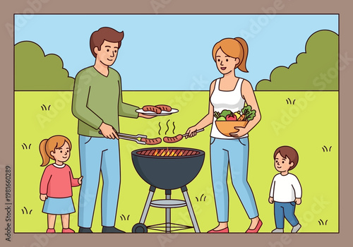 Happy Family Having an Outdoor Barbecue Party in the Backyard; Father Grilling Sausages while Mother Holds a Fresh Salad with Children Around