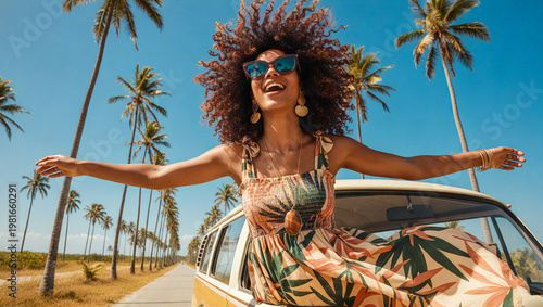 Carefree woman enjoying road trip adventure