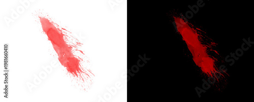 Canvastavla Red bloody brush stroke with splashes isolated on transparent and black