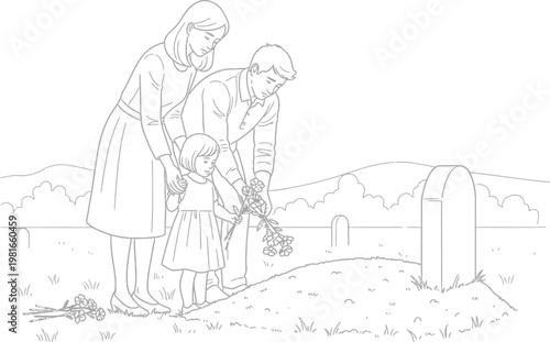 Family mourning at a gravesite, placing flowers with a child, expressing sorrow and remembrance for a lost loved one.