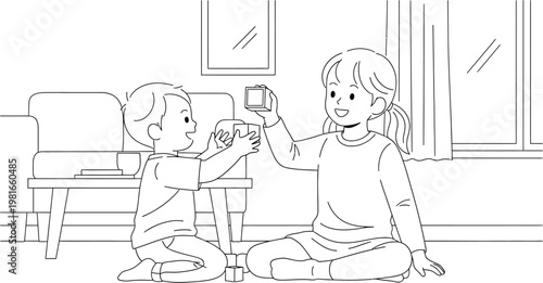 Cute young girl and boy joyfully engaging in creative play on the floor, building and sharing toy blocks together.