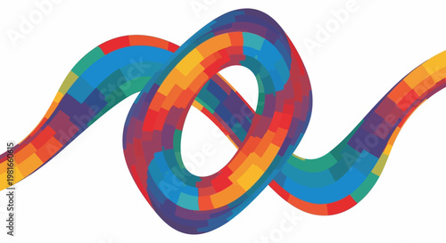 Abstract colorful DNA helix illustration with vibrant rainbow segmented blocks representing genetic code and scientific discovery