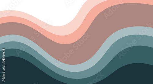 Abstract flowing waves of soft blush pink, muted peach, and deep teal colors create a soothing and calming visual texture, perfect for background design