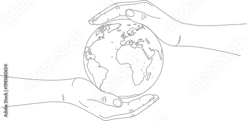 Minimalist line drawing showcasing human hands tenderly holding the planet earth, representing concepts of global protection, sustainability, and environmental stewardship.