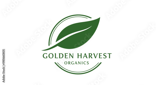 Organic Farming Emblem with Leaf and Curved Lines, Sustainable Agriculture