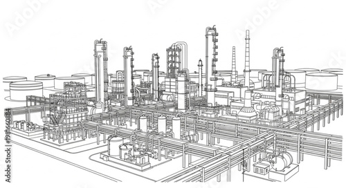 Detailed Line Art Depiction of an Industrial Oil Refinery.