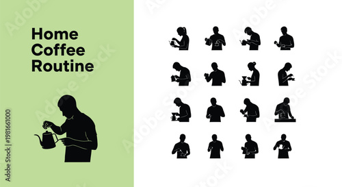 Vector graphic collection showing various people performing different steps of a daily home coffee brewing routine