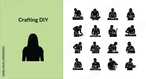 Set of black vector icons showing people engaged in various creative crafting and diy hobby projects