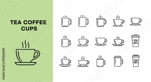 Vector illustration of various tea and coffee cups with steam, presented as outline icons.