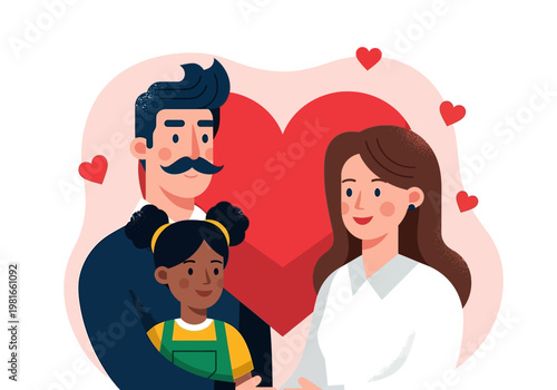 Happy Multiracial Family Illustration with Adopted Child and Red Hearts, Concept of Diverse Parenting and Love