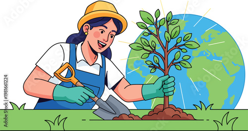A smiling woman wearing a hat and gloves is planting a small tree with a shovel in the ground, with the Earth globe in the background, symbolizing environmental conservation and reforestation efforts.