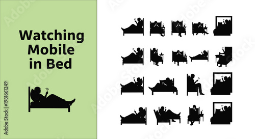 Collection of vector icons showing people resting in bed while using their mobile phones at night