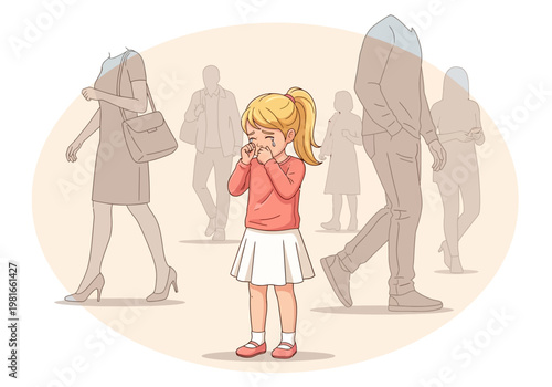 Sad Crying Girl Lost in a Crowd of People - Conceptual Illustration for Child Safety and Loneliness
