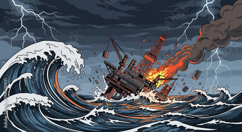 Oil rig disaster in stormy seas with lightning and waves, pixel art style