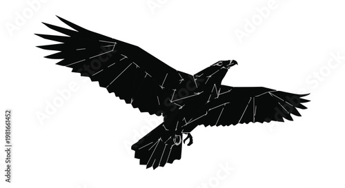 Eagle silhouette depicted in a modern geometric style features clean black lines and sharp angles to represent strength, freedom, and majestic flight against a solid white background.