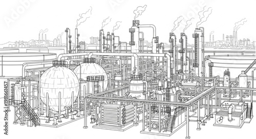 Detailed Line Art of Industrial Plant with Smokestacks and Spherical Tank.