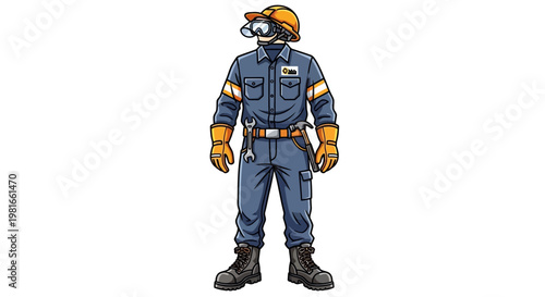 Construction worker in uniform, hard hat, safety goggles, gloves, and boots, isolated on white