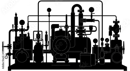 Detailed Silhouette of Industrial Machinery and Piping System.