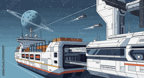 Pixel Art Space Freighter Docking at Orbital Station with Ringed Planet Background