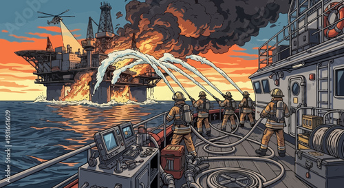 Oil Rig Fire Fighting: Rescue Boat Crew Battles Offshore Platform Inferno