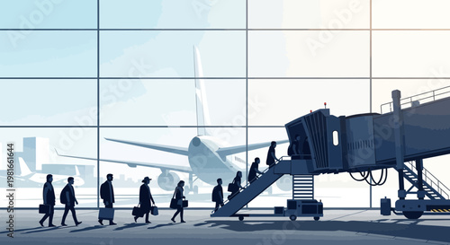 Travelers boarding airplane via jet bridge at modern airport terminal, passenger boarding, travel concept