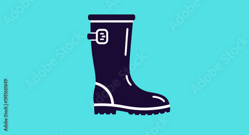 Minimalist rubber boot vector icon, waterproof rain footwear illustration, dark blue wellington boot with buckle detail on teal background
