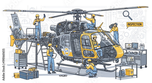 Helicopter Maintenance Crew Working on Aircraft Engine and Rotor Blades in Workshop