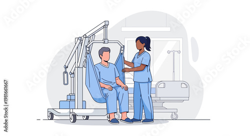 Nurse assisting patient with patient lift in hospital room, healthcare concept illustration