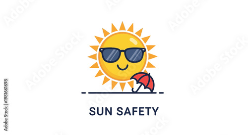 Sun safety vector icon, smiling cartoon sun wearing sunglasses with red umbrella, summer heat protection and uv awareness graphic