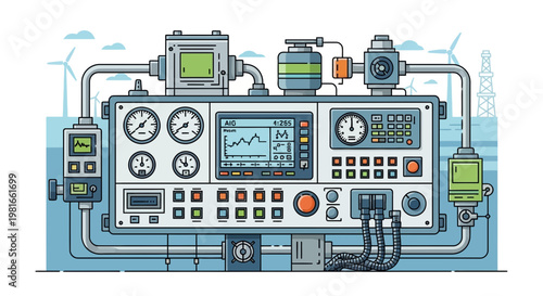 Industrial Control Panel with Gauges and Digital Displays, Wind Turbines in Background