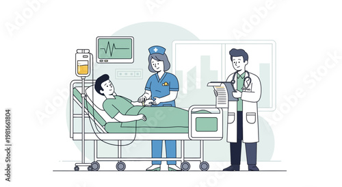 Doctor and Nurse Care for Patient in Hospital Room with Medical Equipment