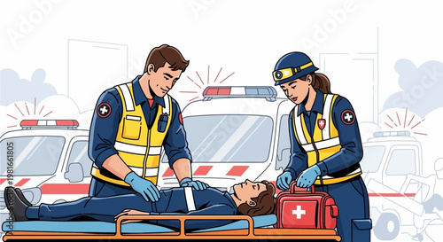 Paramedics assisting patient on stretcher with ambulance in background