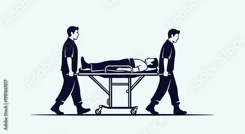 Paramedics carrying patient on stretcher, emergency medical transport, medical assistance vector illustration