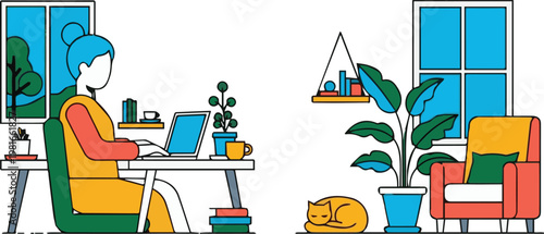 Woman sitting at desk with laptop and cat sleeping nearby indoors