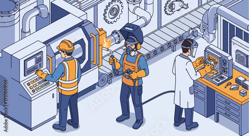 Industrial production line with workers welding, operating machinery and monitoring computer.