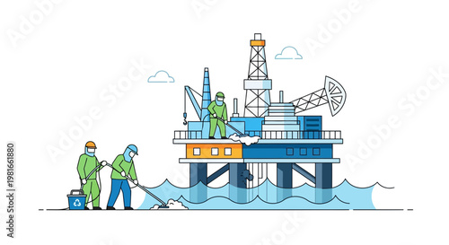 Oil rig workers cleaning pollution from ocean surface, industrial offshore platform, environmental protection