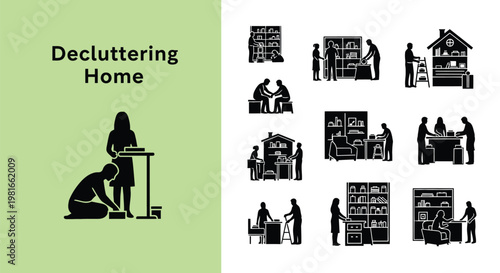 Vector graphic icon set showing people working together to organize and clean their messy living spaces