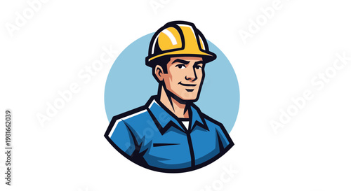 Construction Worker Man Blue Collar Character Yellow Hard Hat Cartoon Style