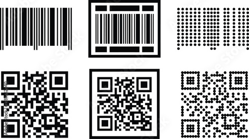 Barcodes and QR codes are displayed in a structured grid to represent various methods of digital data scanning technology.
