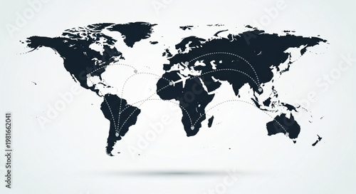 Detailed World Map Illustration with Continent Outlines and Shadow.