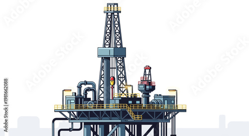 Offshore oil rig, industrial drilling platform, energy extraction, offshore oil and gas exploration, marine engineering.