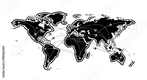 Detailed World Map Illustration with Global Flight Routes.