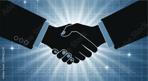 Handshake between business professionals against a glowing grid backdrop symbolizes the culmination of a successful agreement or the forging of a strategic alliance in a modern corporate setting.