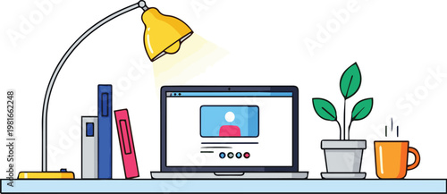 A cluttered desk with a laptop, books, lamp, plant, and coffee mug indoors