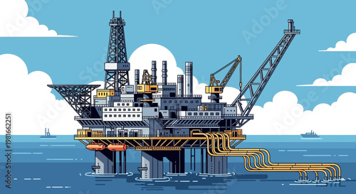Offshore Oil Rig Platform in the Ocean, Industrial Energy Production, Blue Sky and Clouds