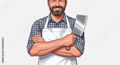 Smiling butcher with cleaver wearing apron and plaid shirt isolated on white background professional meat cutter illustration