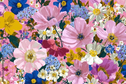 a colorful floral pattern featuring various flowers in shades of pink, blue, yellow, and white