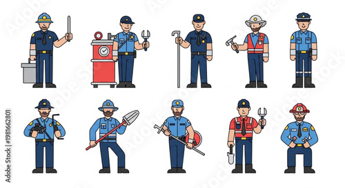 Diverse Cartoon Workers - A Collection of Skilled Professionals in Uniform.