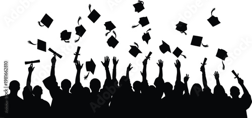 Silhouette group of happy graduates throwing mortarboards in the air celebrating academic success and graduation