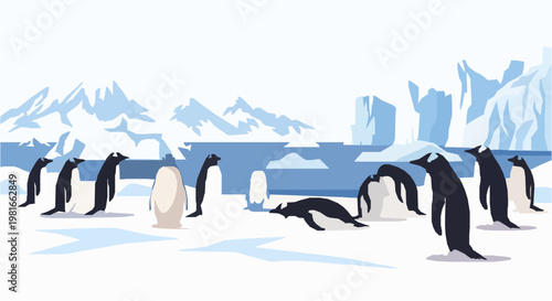 Cute penguins on antarctic ice vector with iceberg ocean and snowy mountains playful wildlife illustration
